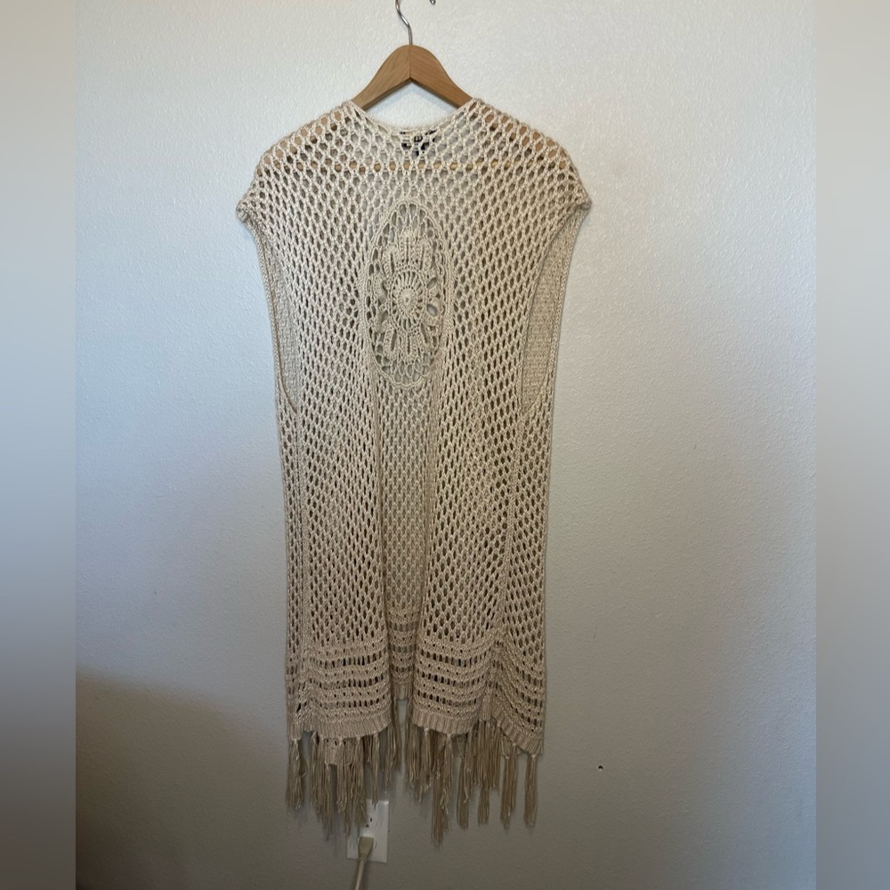 Women's Beige Crochet Long Vest, Kimono, Poncho - Picture 2 of 6